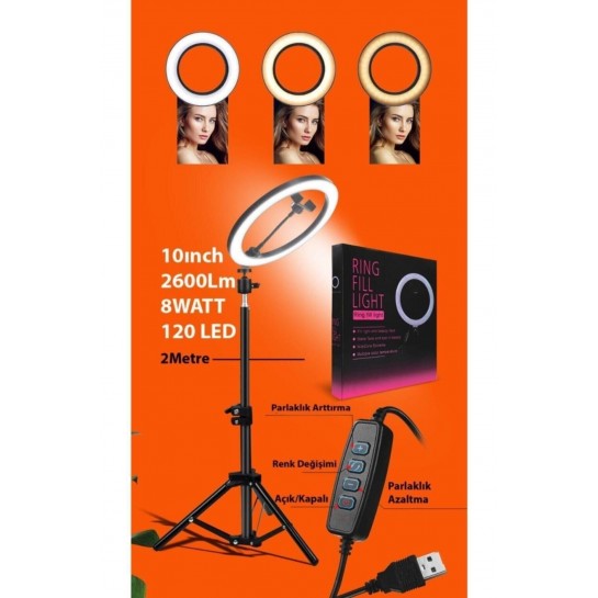 Vilya Youtuber Led Işıklı Tripod Adaptörlü Selfie Makyaj Işığı Sürekli Ring Light 10 Inç Halka